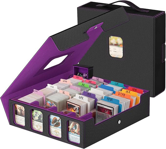 Trading Card Storage Box - 3200+ MTG Deck Box with Commander Display & Portable Handle, 4-Row Card Case Compatible for MTG/TCG/Magic Cards, 30 Colorful Divider, 8 Card Supporters (Black & Purple)