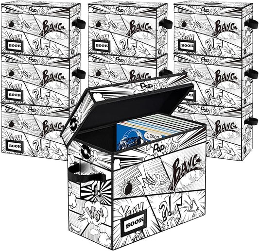 10 Pack Comic Book Storage Box, 15.8" X 7.8" X 11.8", Heavy Duty Collapsible Holds 160-180 Comic Book Bin Container Holder Shelf (Cartoon Bombs)