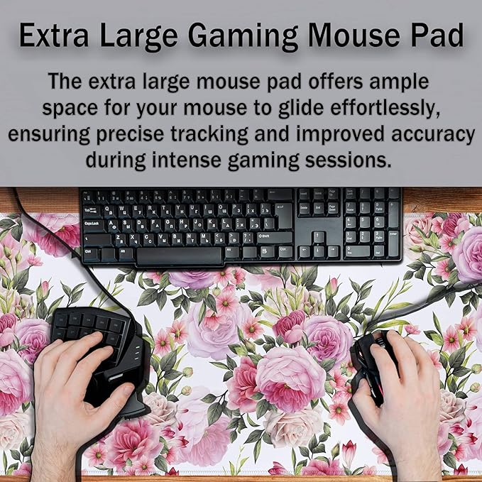 Keyboard Mouse Pad Pink Desk Mat for Women Extra Large Mouse Pads Office Accessories Gaming Mousepad Cool Mouse Pad Non-Slip Rubber Base 35.4" X 15.7" for Game Office, Roses Wreath