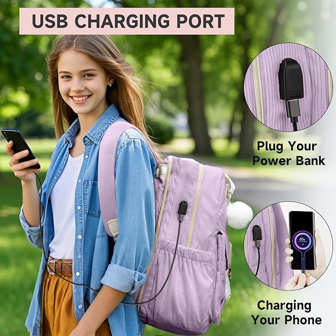 MATEIN Cute School Backpack for Teens Girls, 15.6 Inch Kawaii College Backpack Corduroy Computer Bookbag with USB Charging Port, TSA Lightweight Laptop Back Pack Aesthetic Preppy Kids Students, Purple