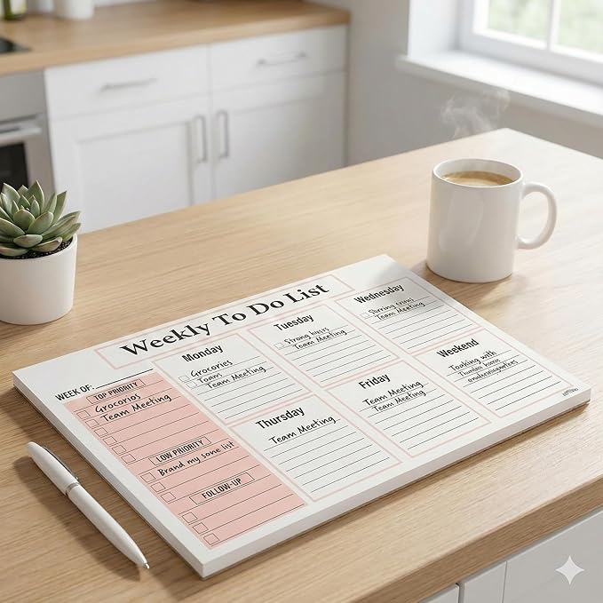 Weekly To Do List Notepad - Weekly Planner Notepad, ADHD Planner for Adults, 50 Tear-Off 8.5" x 11" Sheets, Extra Thick Backing