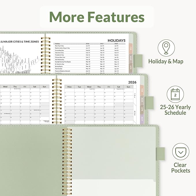 SUNEE 2026 Planner, Weekly and Monthly Calendar Planner 9"x11.2"- 12 Month (January 2026 - December 2026), Vegan Leather Cover, Pocket, Bookmark, Notes, Monthly Tab, Sage Green