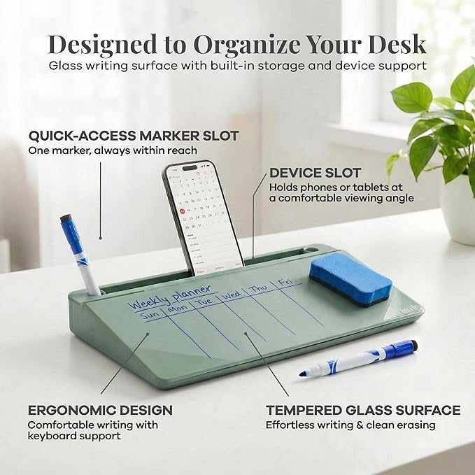 Birch Small Desktop Glass Whiteboard & Magnetic Calendar – Dry Erase Desk Pad Keyboard Stand with Storage, Adjustable Dividers, 3 Markers & Holder – Office, Home & School (Moss)