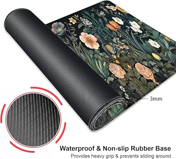 Vintage Wildflowers Floral Large Mouse Pad, Desk Mat Computer Keyboard Pad Non-Slip Rubber Base Waterproof with Stitched Edges for Laptop Gaming, Office & Home 31.5 x 11.8 Inch