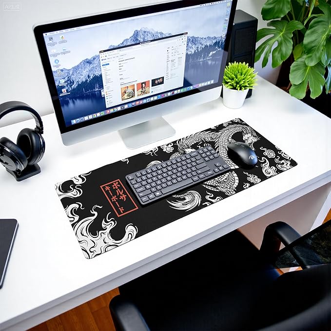 Black and White Mouse Pad Extra Large Gaming Mousepad Dragon Desk Mats Japanese Full Keyboard Mat Computer Pad Desk Mat with Stitched Edges Non-Slip Desktop 31.5 x11.8 in