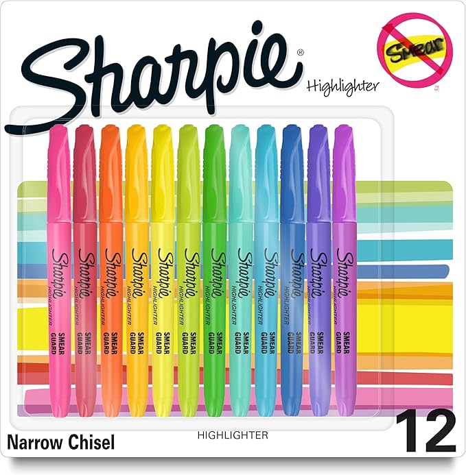 Sharpie Pocket Highlighters, Chisel Tip, Quick Dry, Assorted Fluorescent Colors, 12 Count - For Studying, Note-Taking, School, College, Office, Student & Teacher Supplies