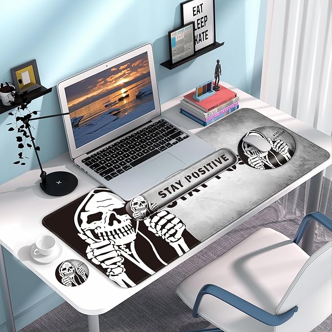 Desk Mat Set + Keyboard and Mouse Pad with Wrist Rest Support,4-in-1 Large Mousepad Computer Mats for Desktop Home & Office-Skull