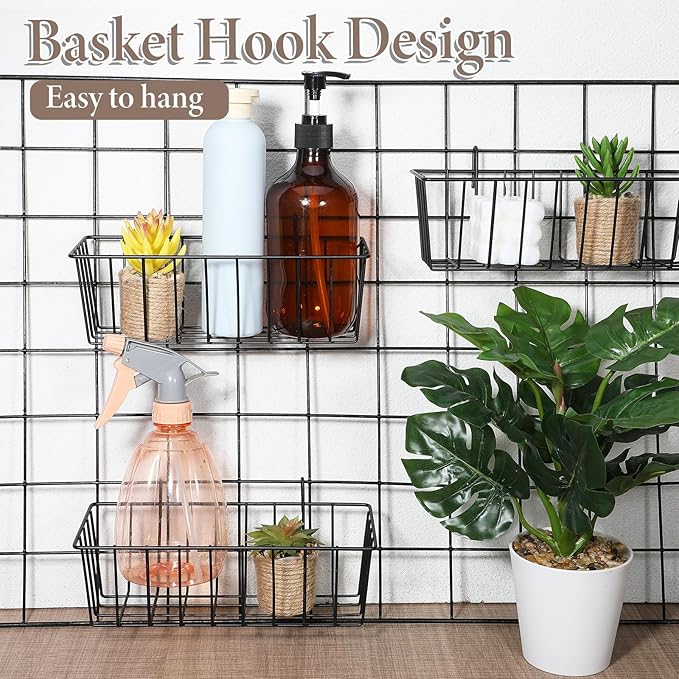 SHENLIU 10 Pcs Wire Baskets, Hanging Basket Grid Wall Baskets No Drilling Walls Storage And Display Basket, Black Grid Walls Accessory for Wall, Kitchen, Home Decor Supplies