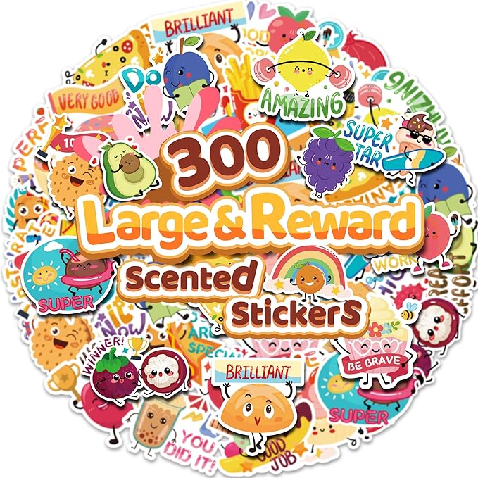 300PCS Large Scratch and Sniff Scented Stickers for Kids, Incentive Smelly Summer Sticker, Motivational for Kids Christmas Gift, Bigger Reward Stickers for Student Classroom Must Haves School Supplies