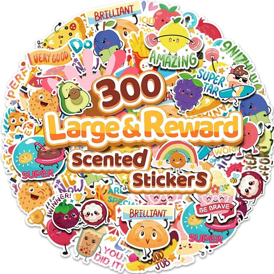 300PCS Large Scratch and Sniff Scented Stickers for Kids, Incentive Smelly Summer Sticker, Motivational for Kids Christmas Gift, Bigger Reward Stickers for Student Classroom Must Haves School Supplies