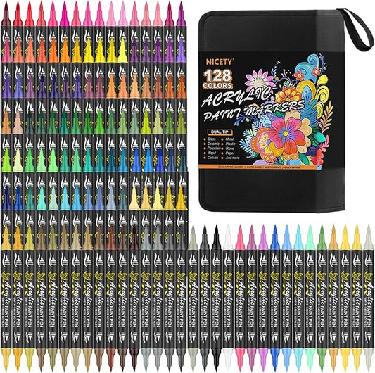 NICETY 128 Acrylic Paint Markers, Dual Tip Brush Paint Pens for Rock Painting, Wood, Glass, Stone, Canvas, Ceramic, Fabric - Fine & Brush Tip Water Based Acrylic Markers Pens