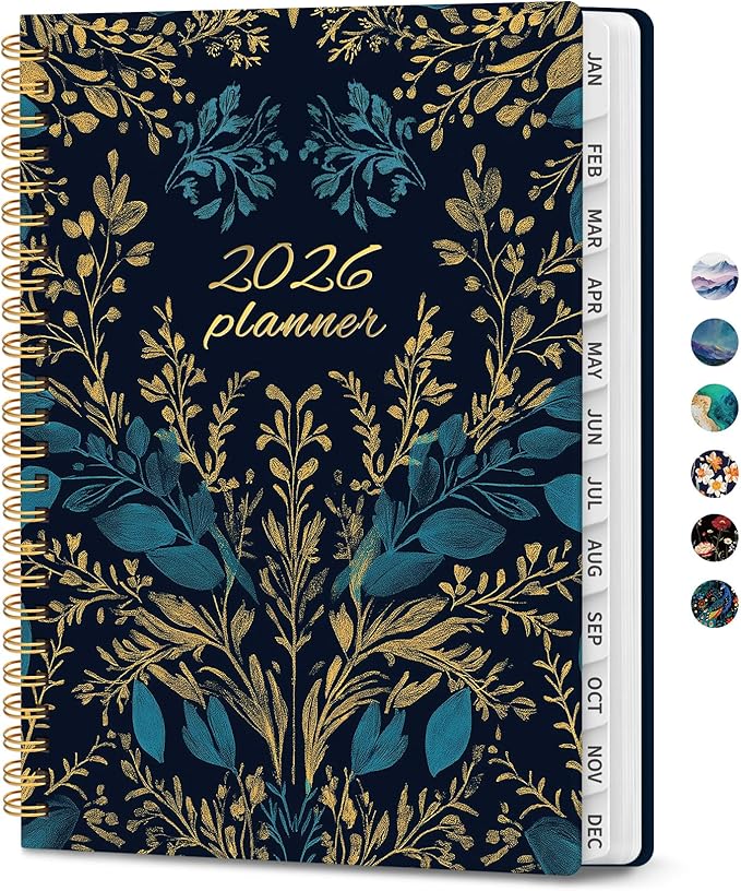 2026 Planner, Weekly and Monthly Calendar Planner for Women, Jan 2026 - Dec 2026, Hardcover Planning Agenda book with Tabs, Spiral Bound, Inner Pocket, Perfect for School Office Supplies, 6.3" x 8.5" - Golden Elegance