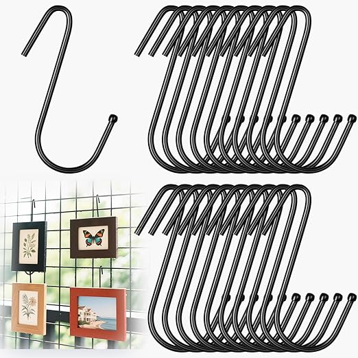 Hicarer 20 Pcs Gridwall Hooks S Shaped Heavy Duty Black Display Hooks Gridwall Shelf Accessories Hanging Hangers for Art Clothes Painting Photography Canvas