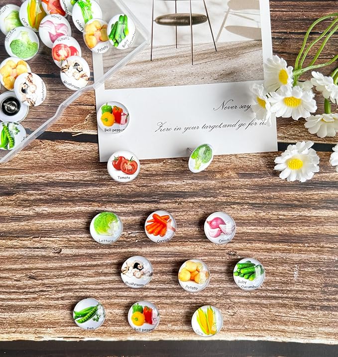 Push Pins for Cork Board -24pcs Decorative Push Pins with Case,Cute Thumb Tacks and Pushpins for Bulletin Board, 12 Colors Vegetables Pushpins