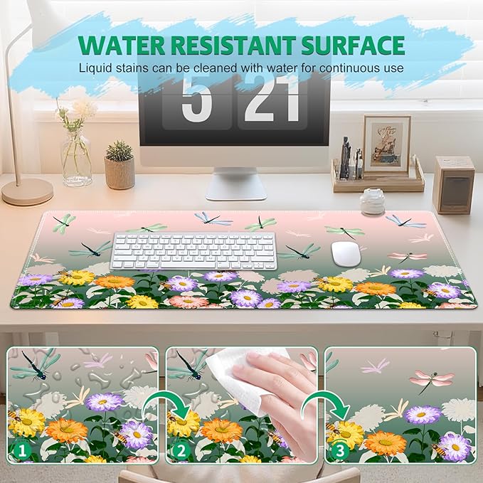 Pink Green Desk Pad Mouse Pad, Large Gaming Mouse Mat with Stitched Edges, Non-Slip Waterproof Rubber Base Mous Mat for Women Office Computer Keyboard Laptop Home (35.4X17.5 in), Floral & Dragonfly