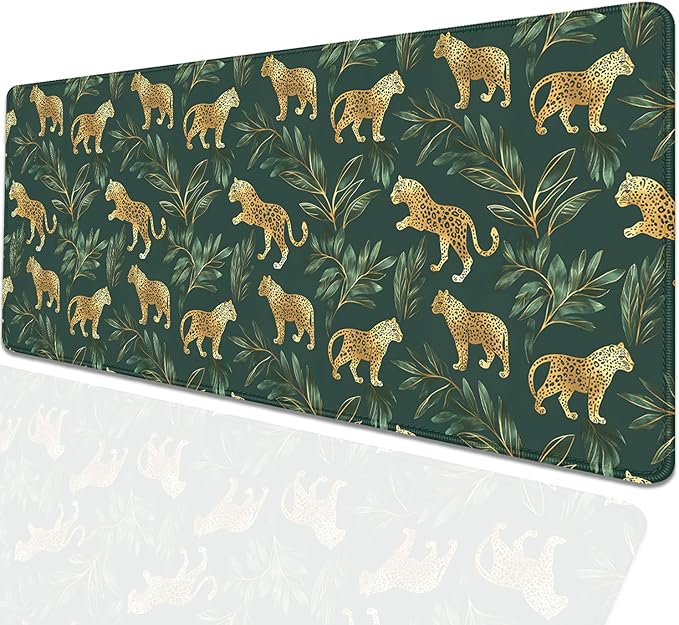 Leopard Desk Pad Mouse Pad,XL Extend Leaves Gold Mouse Mat with Stitched Edges for Gift,Non-Slip Rubber Base Mousepad for Office PC Keyboard Laptop and Home Work Desk Mat(31.5X11.8 in)