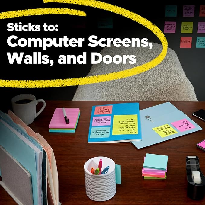 Post-it Super Sticky Notes, 3x3 in, 6 Pads, 2X The Sticking Power, Energy Boost Collection, Bright Colors (Orange, Pink, Blue, Green),Recyclable (654-6SSAU)