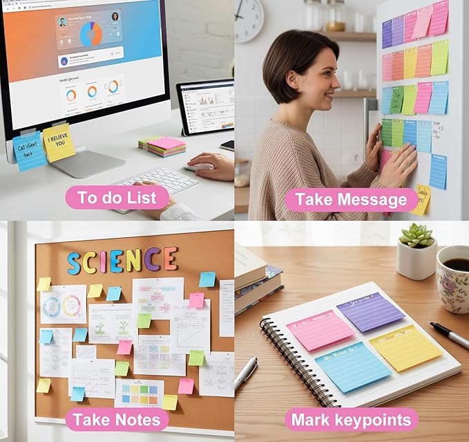 24 Pcs Inspirational Sticky Notes 3x3'' Motivational Sticky Notes Pad with Lines Cute Employee Appreciation Sticky Notes Thank You Gift Bulk for Teacher Coworkers Office Supplies Students (12 Color)