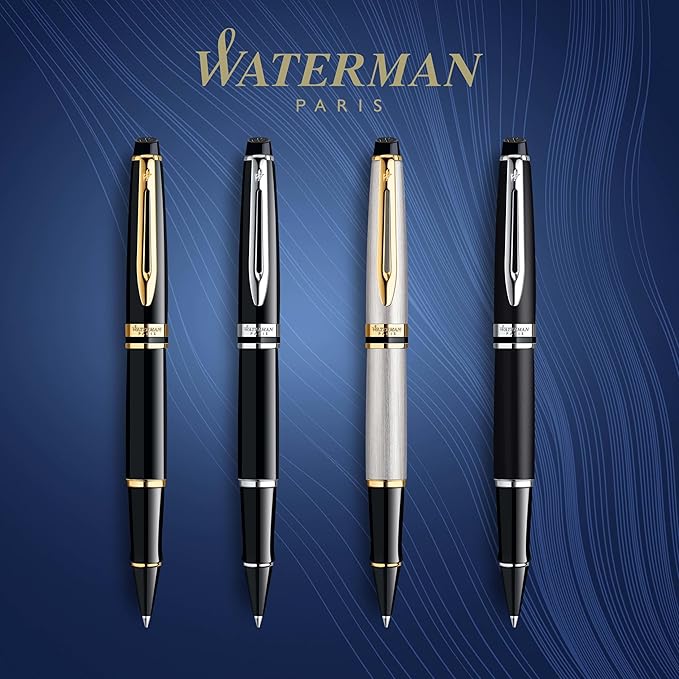 Waterman Expert Rollerball Pen Stainless Steel with 23k Gold Trim Fine Point Black Ink Gift Box