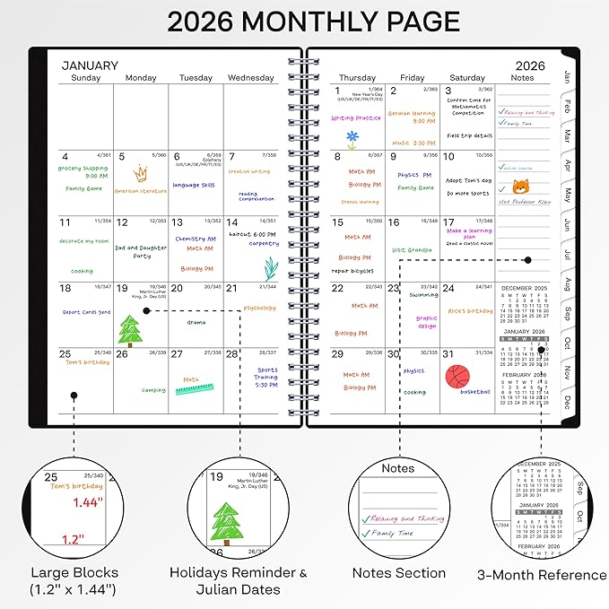 2026 Planner, Weekly ＆ Monthly Planner 2026, Jan 2026 – Dec 2026, 6.2" x 8.42", Flexible Cover, 12 Monthly Tabs, Thick Paper, Spiral Wirebound, Inner Pocket, Black