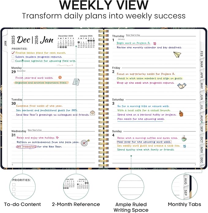2026 Planner, Weekly and Monthly Calendar Planner Book, January 2026 - December 2026, Hardcover Spiral Planner with Monthly Tabs, Notes Pages, Perfect for Women & Men, A4 (8.5" x 11") - Cranes