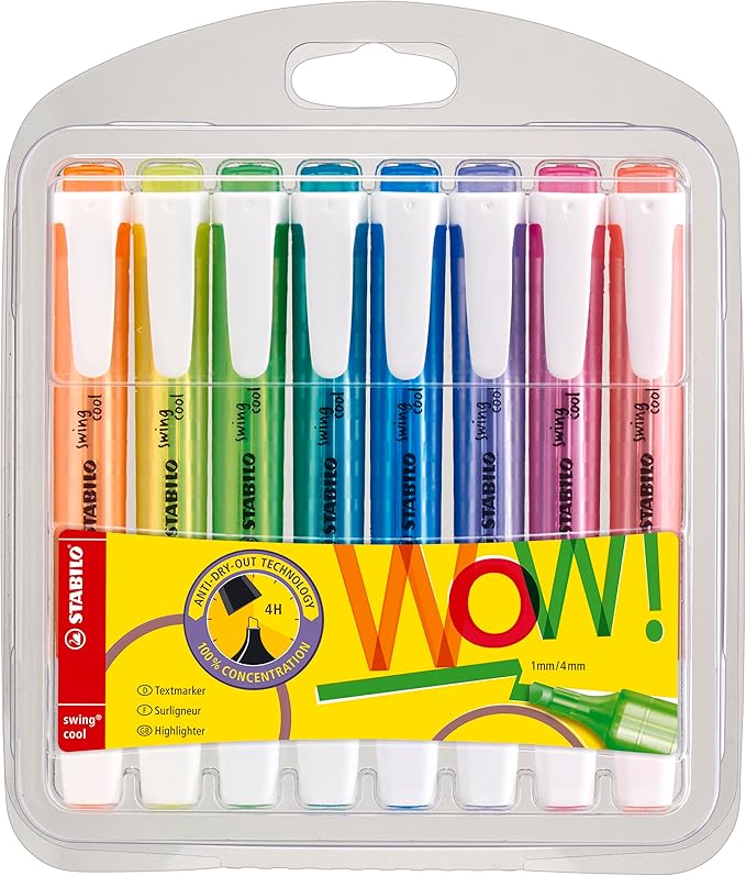 STABILO Highlighter swing cool - Pack of 8 - Assorted Colors - Portable, Clip Closure, Office + School Supplies