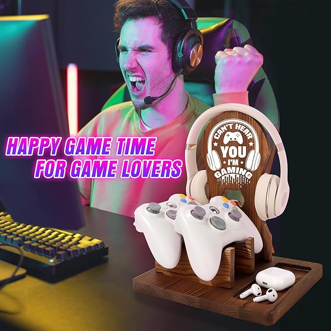 Valentine Gamer Gifts for Teen Boy, Gamer Accessories Stuff, Gaming Gifts for Son, Boyfriend, Husband, Wooden Headphone Stand
