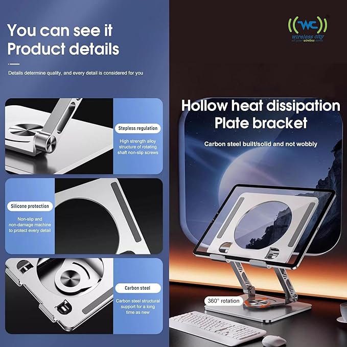Wireless City Universal Tablet Stand for iPad with 360 Rotating Base, Foldable Adjustable Holder for Drawing, Compatible with iPad (6-13In) Pro/Air/Mini and More (Silver)