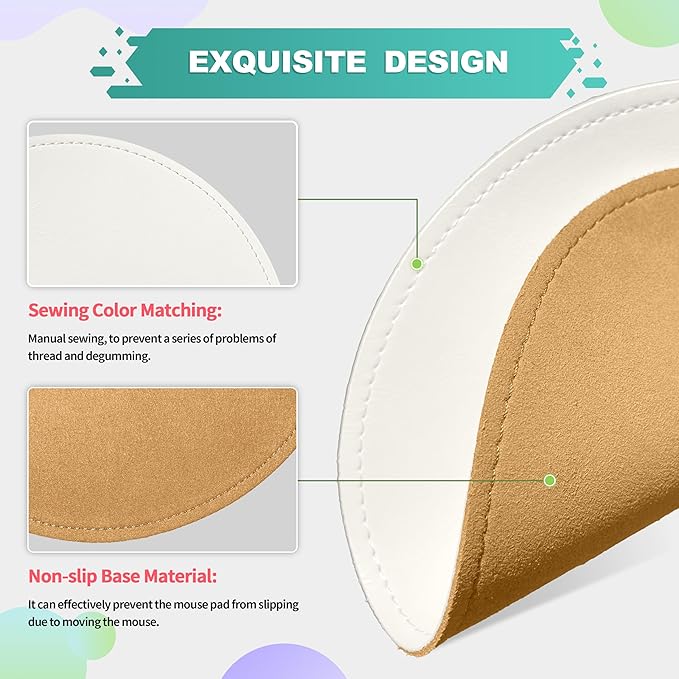 Mouse Pad，Round Mouse Pad，PU Mouse Pad，Leather Mouse Pad with Stitched Edge Micro-Fiber Base with Non-Slip Waterproof，Mouse Pad for Computers，Laptop，9 x 9 Inch (Lily White)