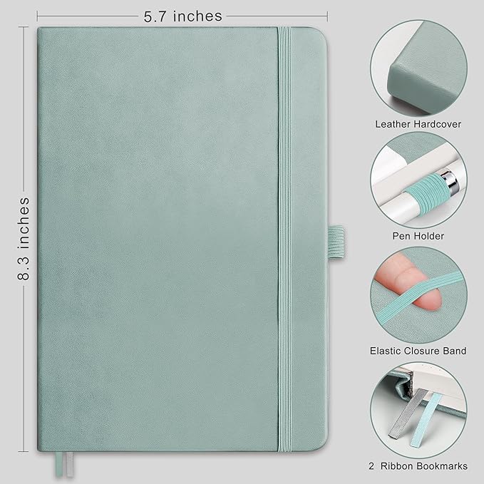 RETTACY Dotted Journal Notebook, 192 Pages, A5 Medium Size (5.7'' x 8.3''), Leather Hardcover, 100 GSM Thick Paper, for Bullet Journaling, Planning, Tracking (Blue-gray)