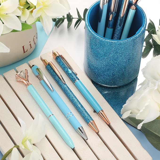 Sabary 8 Pcs Blue Pens with Pen Holder for Desk Glitter Crystal Diamond Cute Ballpoint Fancy Pencil Holder Bling Desk Organizer for Women Girls Gifts School Office Wedding Supplies
