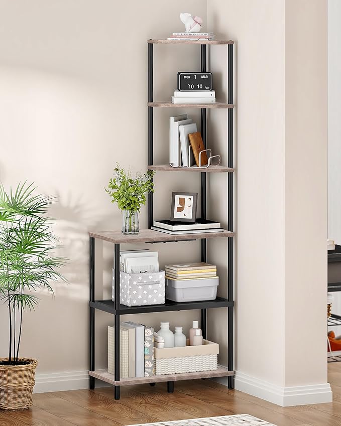 6-Tier Corner Shelf, Industrial Corner Bookshelf with Desk Top, Diamond-Shaped Storage Shelves, Display Stand for Small Spaces, Living Room, Home Office, Foyer, Greige and Black TCJ70BG