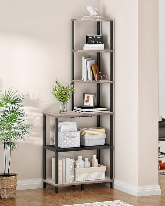6-Tier Corner Shelf, Industrial Corner Bookshelf with Desk Top, Diamond-Shaped Storage Shelves, Display Stand for Small Spaces, Living Room, Home Office, Foyer, Greige and Black TCJ70BG