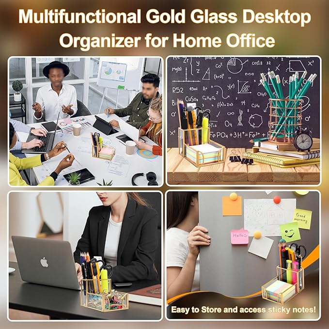 Sticky Note Holder,Glass Post It Note Dispenser with Pen Slot,Gold 3 x 3 Inch Post It Note Holder for Desk,Stylish Sticky Note Dispenser for Home Office Desk