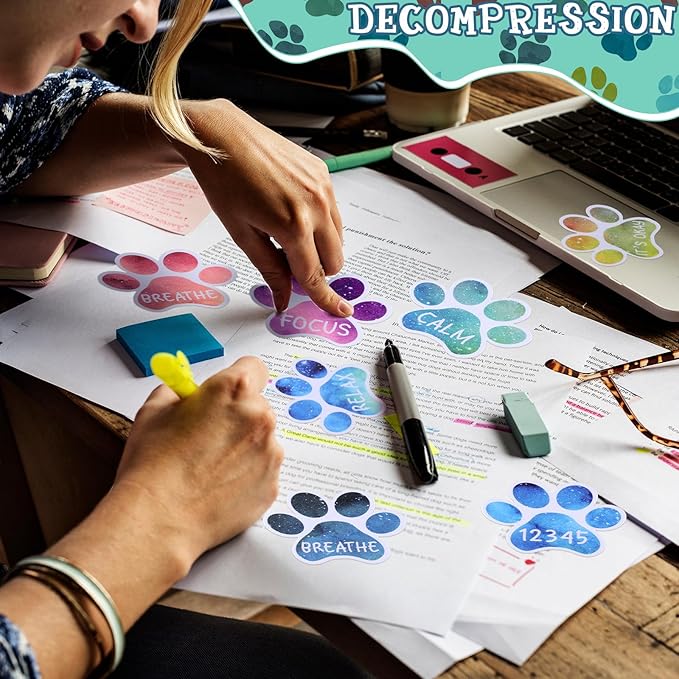 Crtiin 100 Pcs Sensory Strips Anxiety Calm Mindfulness Stickers Fidget Stress Breathing Sensory Sticker Different Textures Rough Tactile Tape for Mental Health Adults Desk Anxiety Relief(Paw)