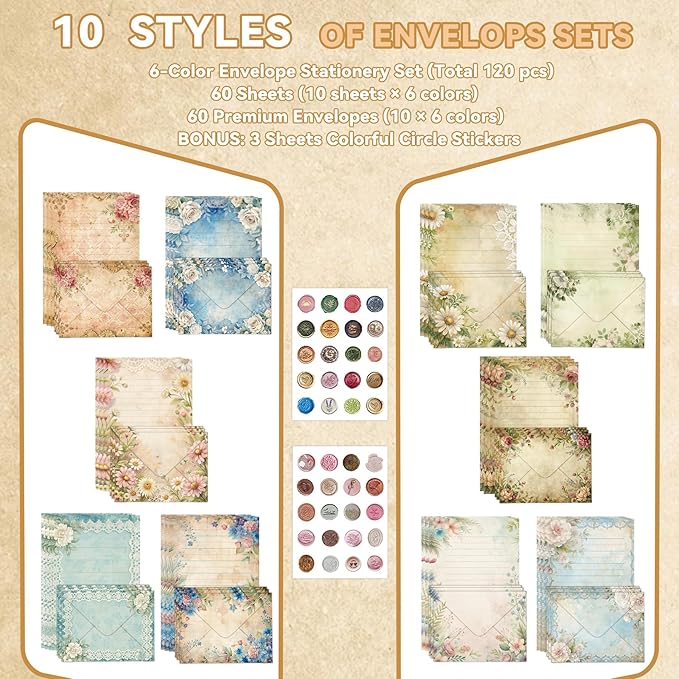 60 Vintage Floral Stationery Set - 30 Lined Writing Paper 30 Matching Envelopes 40 Self-Adhesive Seals Stickers - Bleed-Resistant Paper for Camp Letters Birthday Notes (Vintage)