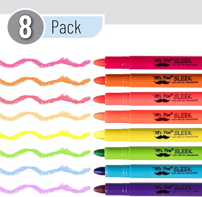 Mr. Pen No Bleed Gel Highlighter, Bible Highlighters, Assorted Colors, Pack of 8