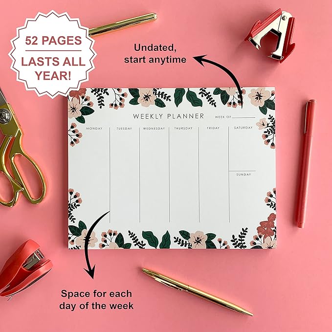 Weekly Planner Notepad - 9x7” inches, 52 tear off sheets - Undated Desk Planner Pad Calendar Notepad Organizer for Weekly To Do List, Notes and Schedule (Floral)