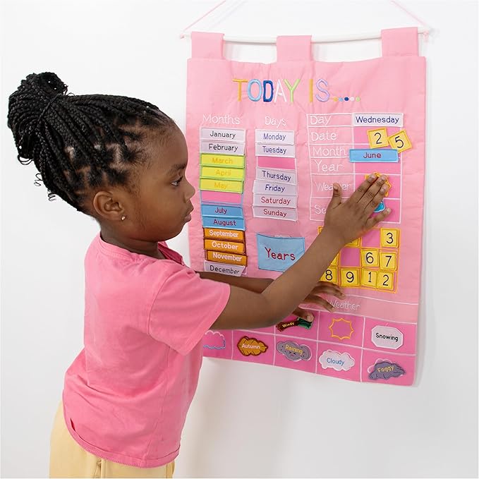 The Peanutshell Learning Calendar Wall Chart - Homeschool Supplies, Interactive Pocket Chart for Toddlers & Kids - Preschool Learning Activity Board, Circle Time Board for Classroom - Pink Today is