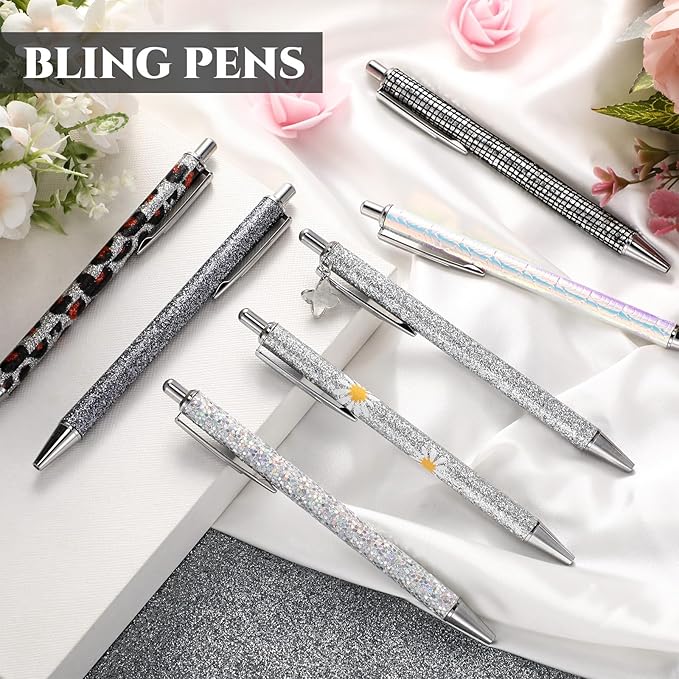 Sherr 7 Pcs Fancy Pens for Women Cute Sparkly Glitter Pens with 10 Pcs Black Ink Refills Pretty Gifts for Girls Office School Christmas Graduation(Bright)