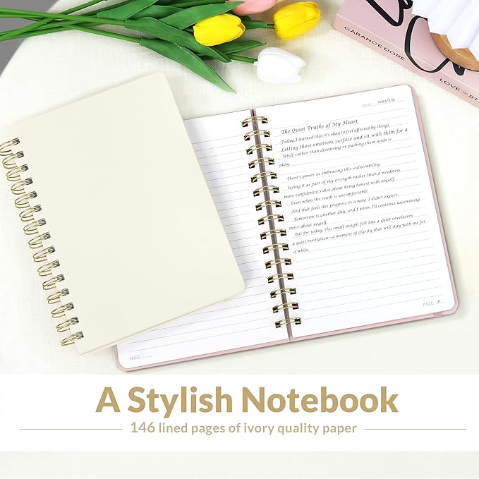SUNEE Journaling Notebooks, A5 Lined Spiral Notebook for Women, 146 Pages College Ruled Hardcover Notebook for Work, Note Taking, Journaling and Office School Supplies, A5 - Beige