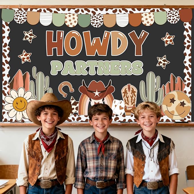 Western Cowboy Bulletin Board Decoration Set Retro Groovy Classroom Decorations Howdy Partners West Cowboy Themed Paper Cutouts for Classroom School Home Wall Chalkboard Office Party Decor Supplies