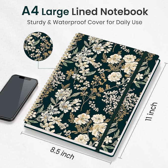 Taja Large Spiral Lined Journal for Women, 8.5" x 11" Notebooks for Work Collge Ruled, A4 Aesthetic Cute Journaling Notebooks for Writing, Plastic Cover, Evergreen Elegance