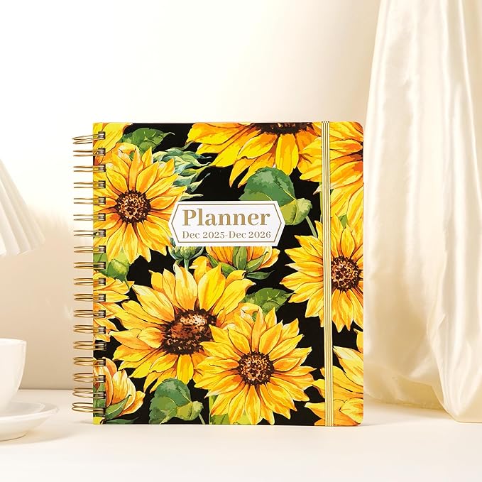 CAGIE 2026 Planner Weekly and Monthly Dec 2025-Dec 2026 Hardcover Calendar Planners with Stickers& Month Tabs for Women Spiral Bound 26 Yearly Agenda, 8.3"x9.1", Sunflower