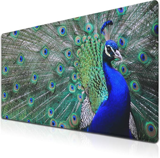 Computer Mat Blue mats, Large Mousepads Keyboard Mouse Pad, Chic Office Desk Accessories Non-Slip Rubber Base Waterproof with Stitched Edges, 35.4 X 15.7 inch for Work/Game/Office Peacock