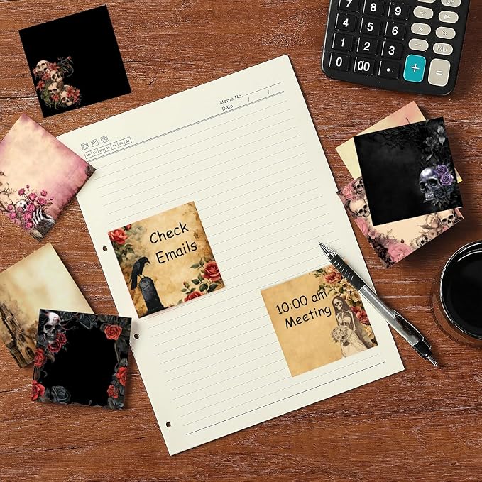 9 Pads Gothic Sticky Notes Set, Black Self-Stick Notepads, Super Adhesive Memo Pads Note Card, Halloween Office Decor Gifts, Desk Accessories for Students, Teacher and School Supplies, 3x3in