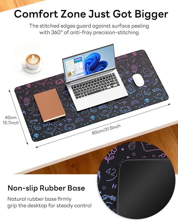 XL Gaming Mouse Pad, 31.5x17.5'' Large Desk Mat with Anti-Slip Rubber Base & Stitched Edges for Gaming, Office, Home - Cute Graffiti