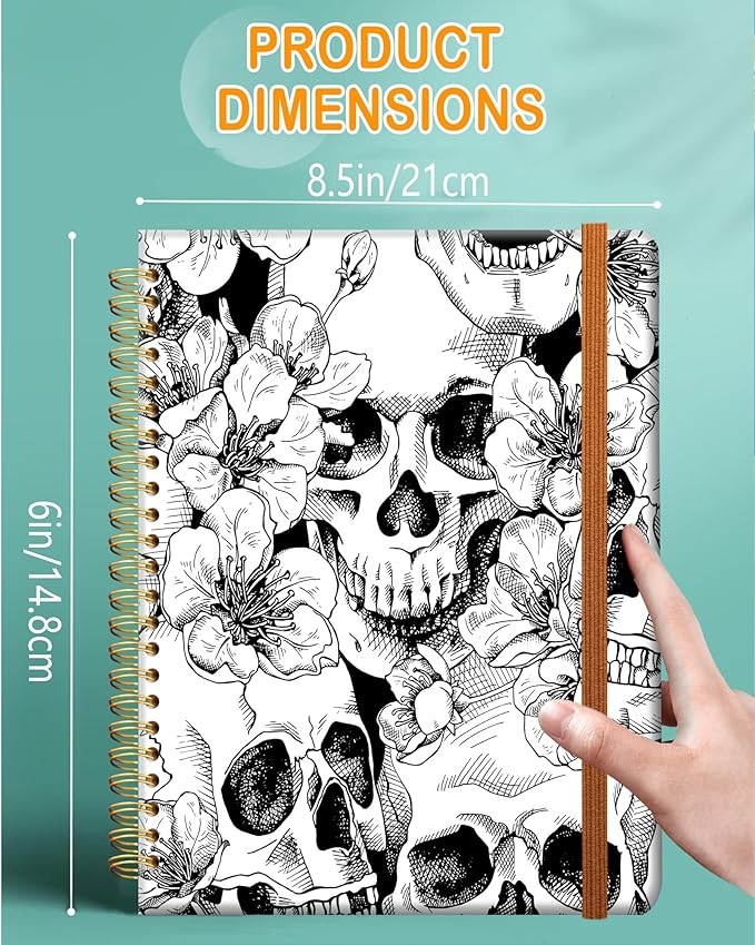 Ruled Spiral Writing Notebook,A5 Hardcover Lined College Journal for Women Lady,Fashion Puppy Watercolor Strong Twin-Wire Binding with Premium Paper,8.4" X 6",Perfect for School,Office,Home Gifts(Cool Skull Flower)