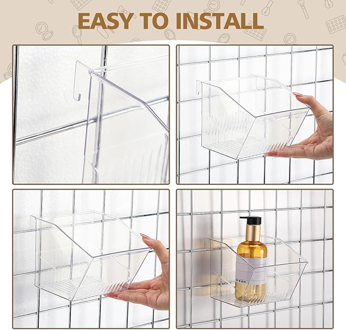 4 Pack Gridwall Baskets Hanging Gridwall Clear Acrylic Grid Wall Panels Bins Applicable to 3-inch Grid Board for Organizing Storage Display Kitchen Home Office Garage Bathroom(Classic Style)