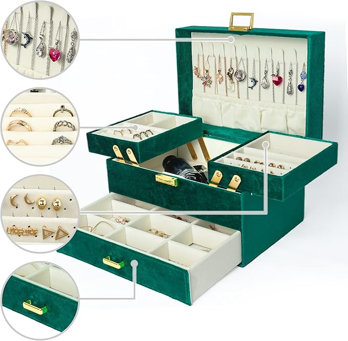 Dajasan Jewelry Box for Women, 3 Layers Large Velvet Jewelry Organizer, Jewelry Storage Organizer, Jewelry Case for Earring, Ring, Necklace, Bracelets (Green)